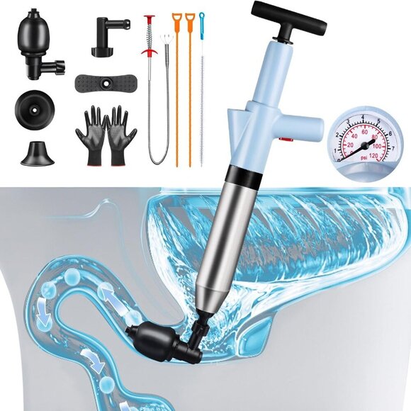 High Pressure Toilet Plunger Stainless Steel Drain Blaster w/ RealTime Barometer - Picture 1 of 9